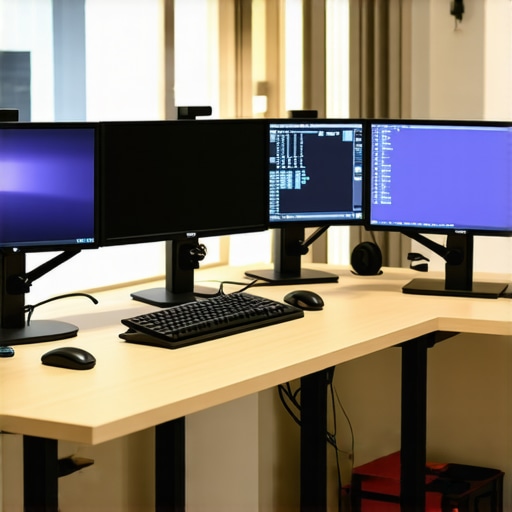A professional ergonomic workspace with multiple monitors and cable management