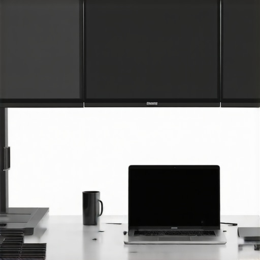 A modern multi-monitor setup with Thunderbolt and USB-C docks connected to a laptop, showcasing organized workspace