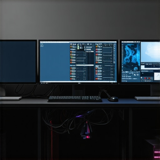 Advanced multi-monitor workstation with Thunderbolt docks and organized cables.