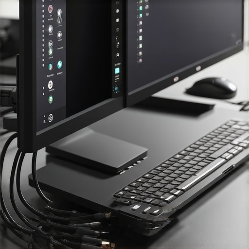 A sleek Thunderbolt dock connected to multiple monitors in a professional workspace