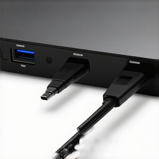 Close-up of Thunderbolt dock with multiple connected peripherals and indicator lights