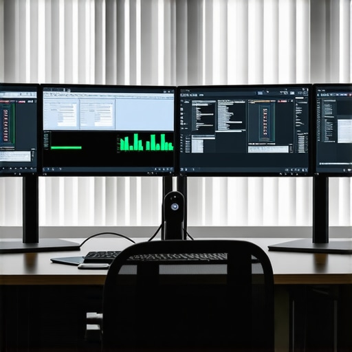 A professional multi-monitor setup with well-organized cabling and multiple docks connected to a sleek laptop