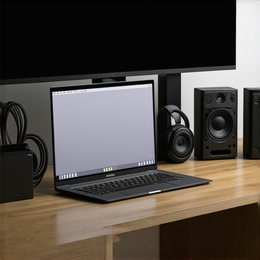 Workspace with laptop, multiple monitors, and Thunderbolt dock neatly connected