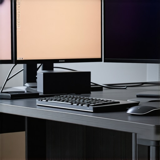 A clean, ergonomic desk setup with three monitors connected through a Thunderbolt dock, showing organized cables and workspace