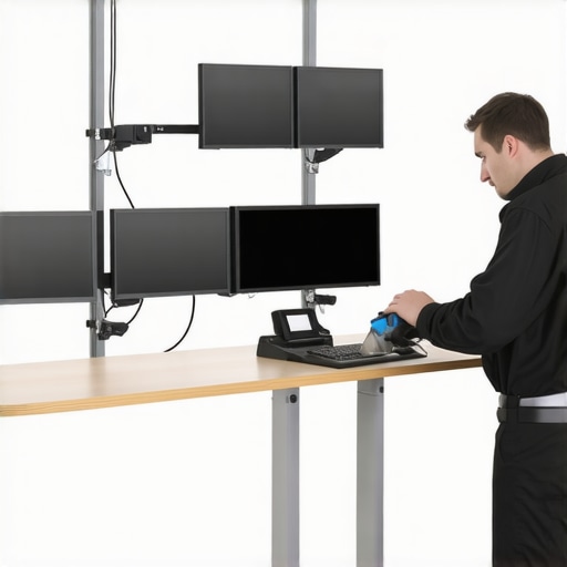 Person using compressed air to clean ports on a multi-monitor dock