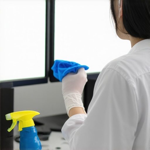 Person cleaning multi-monitor workspace with cleaning tools.