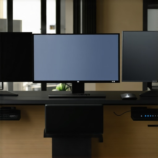 Multi-Monitor Setup with Thunderbolt Dock Modern workspace showing a laptop connected to a Thunderbolt dock with three monitors.
