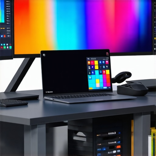 A sleek workspace featuring a laptop connected to a Thunderbolt dock with multiple monitors.