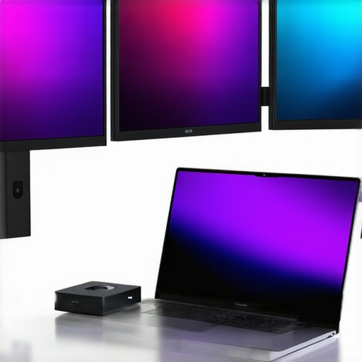 A sleek office desk with a laptop connected to a Thunderbolt dock and three monitors.
