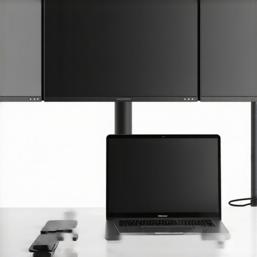 A sleek laptop connected to three monitors through a USB C Thunderbolt dock, demonstrating a clean and efficient setup.