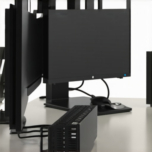 A professional workspace with three monitors connected to a Thunderbolt dock, arranged ergonomically with tidy cables.