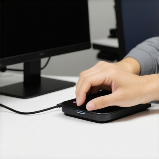 A technician inspecting a USB-C cable with a specialized tester near a modern multi-monitor setup.