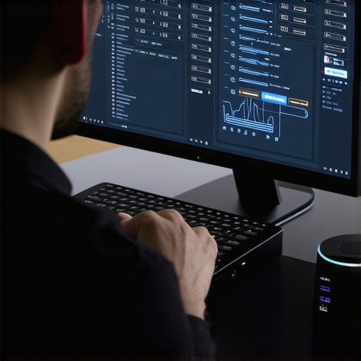 Technician monitoring data transfer on a USB analyzer connected to a Thunderbolt dock