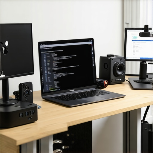 A modern workspace showing a laptop with multiple monitors and maintenance tools like firmware update screens and cable testers.