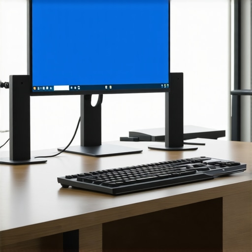 Modern workspace with dual 5K monitors connected through a Thunderbolt dock, emphasizing cable management and display quality.