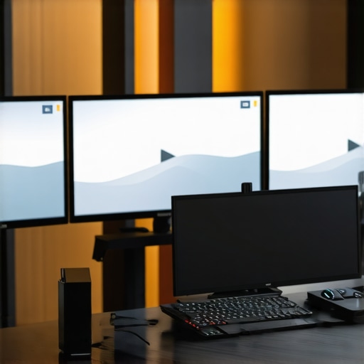A sleek desktop with three monitors connected via Thunderbolt 5 dock, with high-speed SSDs and power supplies.
