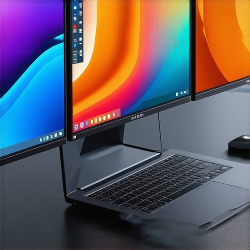A professional workspace showing a Thunderbolt 5 dock connected to a laptop, with multiple monitors displaying colorful high-resolution images.