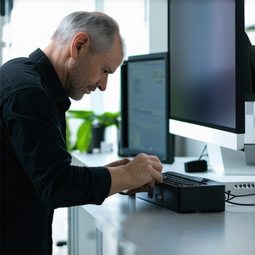 Technician inspecting and cleaning a Thunderbolt dock in a tech workspace for maintenance