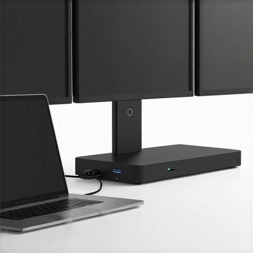 A sleek workspace with a laptop connected to a USB4 dock supporting three monitors, demonstrating an organized setup for productivity.
