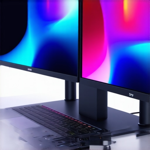 A high-resolution image showing a Thunderbolt 5 dock connected directly to a laptop with dual 8K monitors