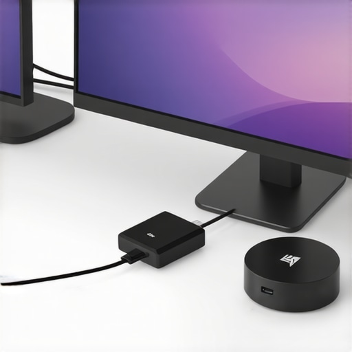 Person connecting a premium USB-C cable to a Thunderbolt dock with multiple monitors and peripherals on a clean desk.