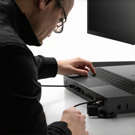 Technician inspecting cables and updating firmware on a docking station, ensuring system stability