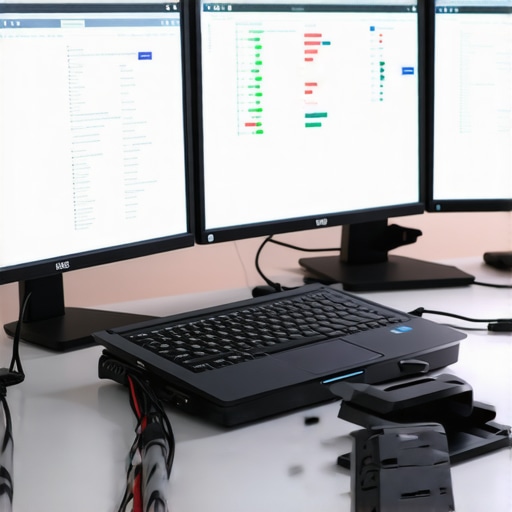 Technician troubleshooting high-performance USB-C dock and monitors with diagnostic tools in a modern tech workspace.