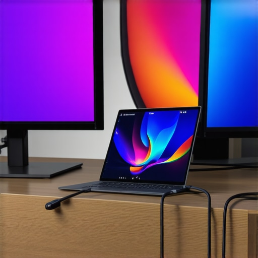 Close-up of a solidly connected Thunderbolt 5 cable to a laptop dock with multiple displays