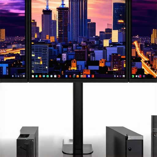 A sleek workspace with dual 8K monitors connected to a laptop via USB-C and Thunderbolt docks, displaying crisp, flicker-free visuals.