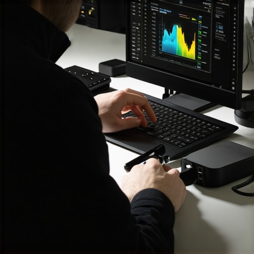 A technician monitoring power fluctuations on a digital device connected to a Thunderbolt dock in a sleek office setting.