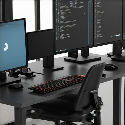 A modern work desk showcasing multiple monitors connected through USB-C and Thunderbolt docks, highlighting an efficient and organized setup.
