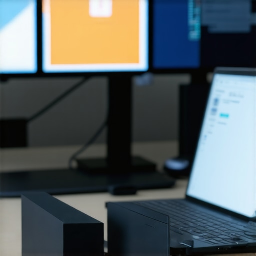Technician performing firmware update on high-performance Thunderbolt dock with multiple connected displays