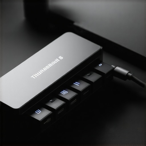 A modern Thunderbolt 5 dock with multiple cables connected to an SSD and a laptop, illustrating high-speed data transfer.