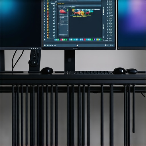 A sleek desk setup featuring several monitors connected through a Thunderbolt dock and USB hubs, demonstrating organized and efficient workspace.