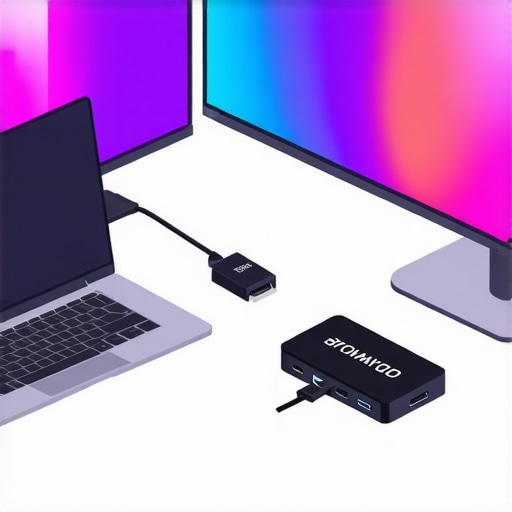 A modern workspace featuring a laptop connected to multiple monitors via a USB-C hub, emphasizing stability and proper power management.