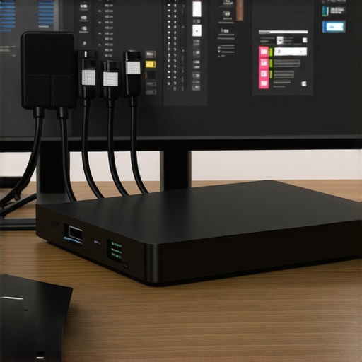 Organized Tech Workspace with Dock and Monitoring Equipment A professional workstation featuring a Thunderbolt dock, neatly arranged cables, and monitoring screens showing system vitals.