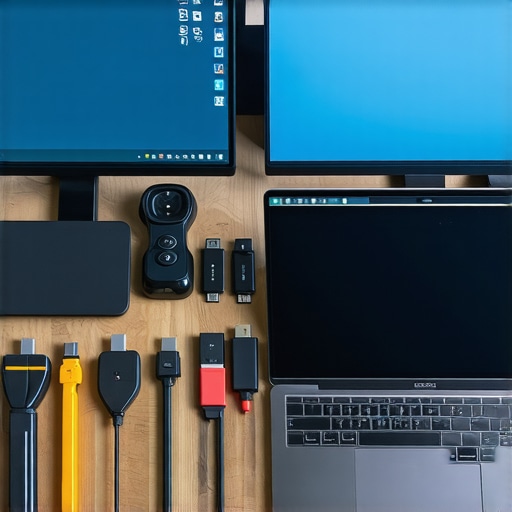 A tidy workspace featuring premium cables, a laptop with multiple monitors, and maintenance tools for tech equipment.