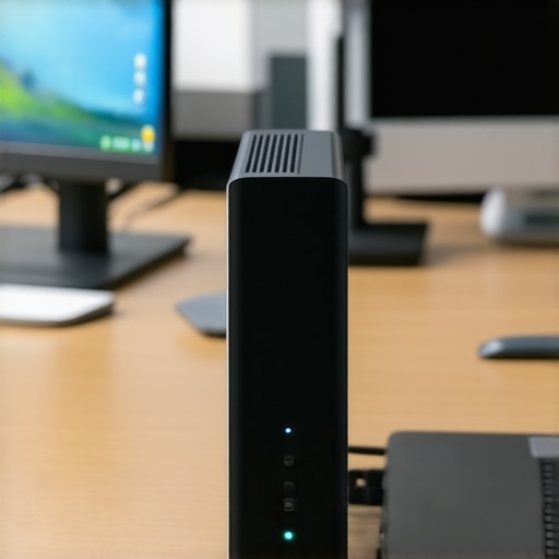 Modern wireless docking station connected to a laptop and multiple monitors in a workspace