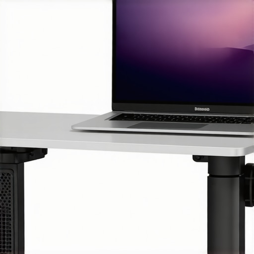 A desk setup showing a high-speed laptop dock with a small fan blowing air towards it for cooling.