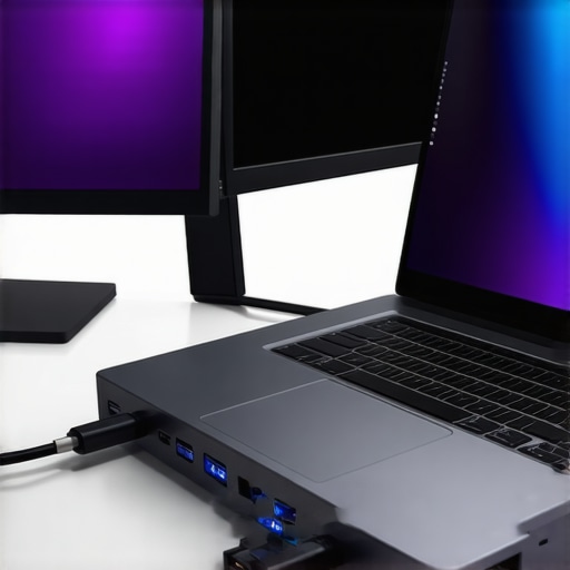 A sleek Thunderbolt 5 dock connected to a laptop with dual 10K monitors displaying vivid images.