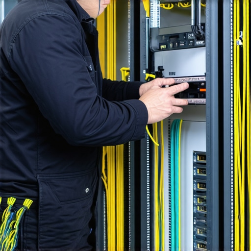 Technician checking high-speed cables and docking stations in a modern office environment.