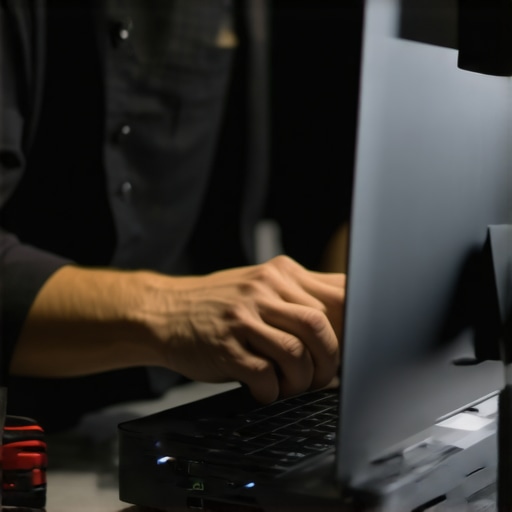 Technician checking a USB-C dock using diagnostic equipment in a sleek office environment.