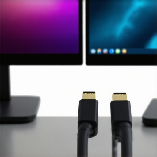 A set of premium USB-C cables plugged into a professional multi-monitor setup, illustrating quality and stability.