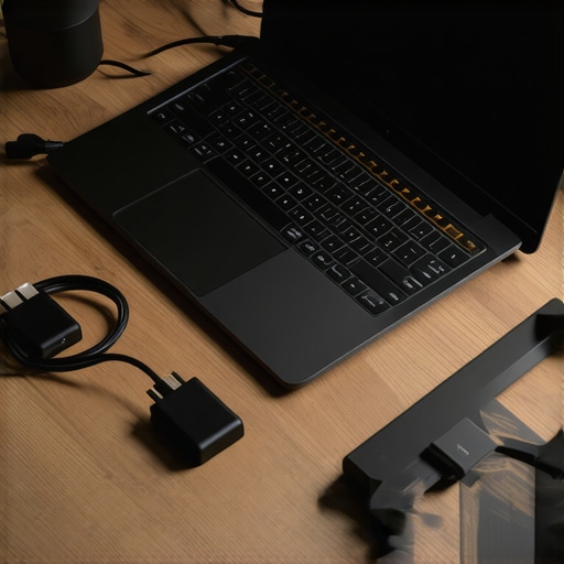 Laptop with mounted dock and organized cables on a desk.