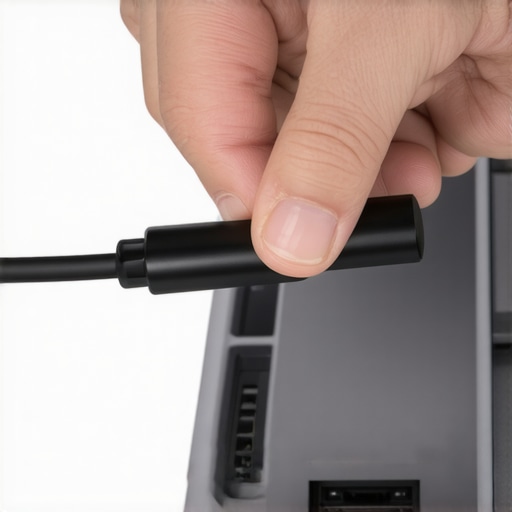 Person connecting a shielded USB-C cable to a docking station showing durable ports and organized workspace.