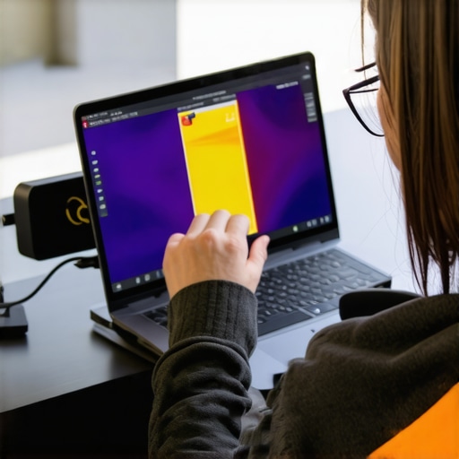 Person inspecting a laptop dock with thermal camera to identify hotspots and prevent overheating.