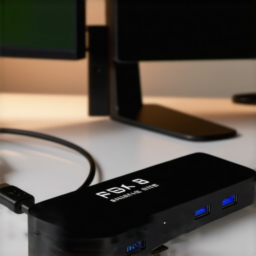 A USB power meter measuring power and data transfer on a high-speed USB-C hub connected to monitors and peripherals
