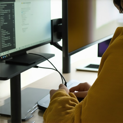 Person plugging USB-C cable into docking station with multiple monitors