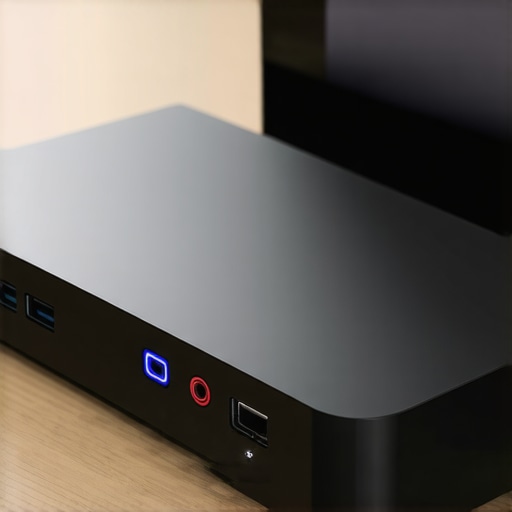 A sleek Thunderbolt dock connected to a laptop with multiple monitors in a tidy workspace.