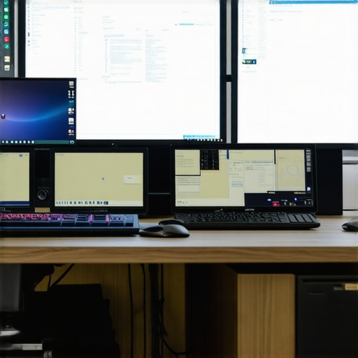 Optimized Multi-Monitor Workstation Setup A clean, organized workspace featuring multiple monitors connected via USB-C and Thunderbolt docks with monitoring tools visible